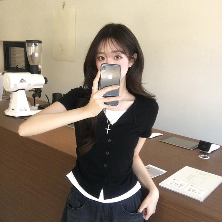 유니 레이어드 나시 가디건 허리 셔링 반팔 가디건 와펜 봄 아우터 팬던트 반팔티 여름 상의 5color 블랙