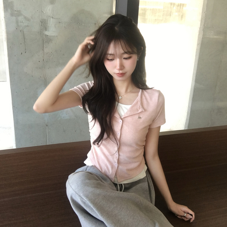 유니 레이어드 나시 가디건 허리 셔링 반팔 가디건 와펜 봄 아우터 팬던트 반팔티 여름 상의 5color 핑크