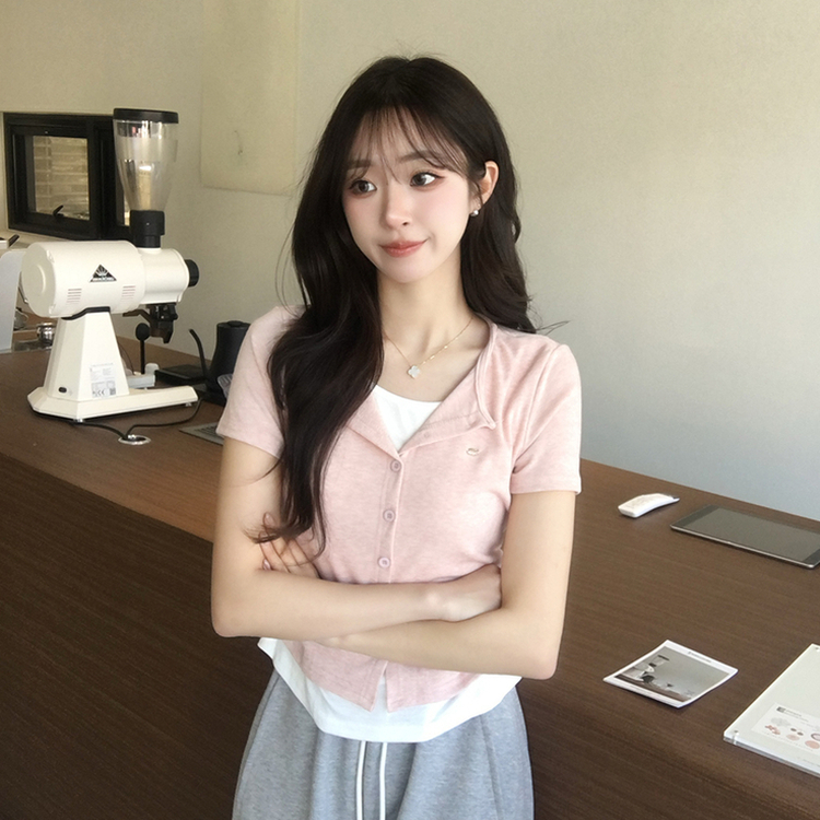 유니 레이어드 나시 가디건 허리 셔링 반팔 가디건 와펜 봄 아우터 팬던트 반팔티 여름 상의 5color 핑크