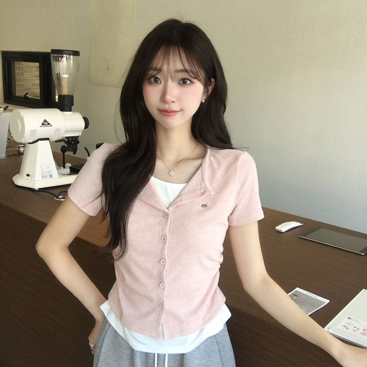 유니 레이어드 나시 가디건 허리 셔링 반팔 가디건 와펜 봄 아우터 팬던트 반팔티 여름 상의 5color 핑크