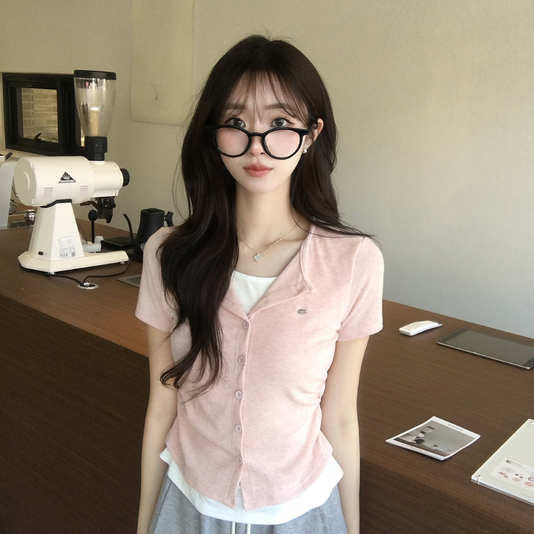 유니 레이어드 나시 가디건 허리 셔링 반팔 가디건 와펜 봄 아우터 팬던트 반팔티 여름 상의 5color 핑크