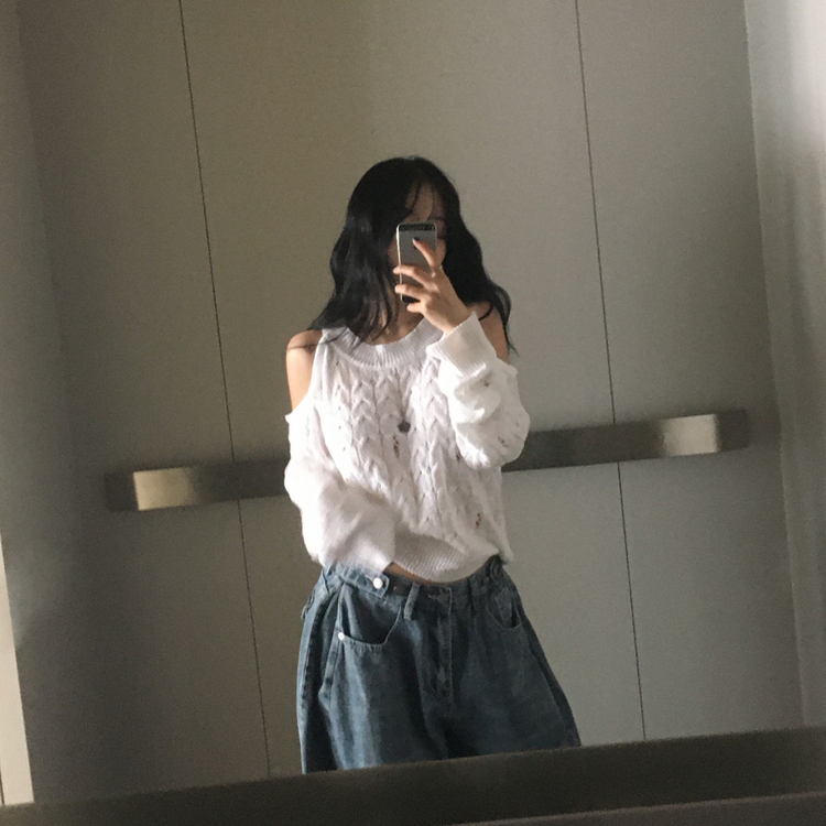 ケーブル編みオフショルダー長袖ニット(5color) IVORY