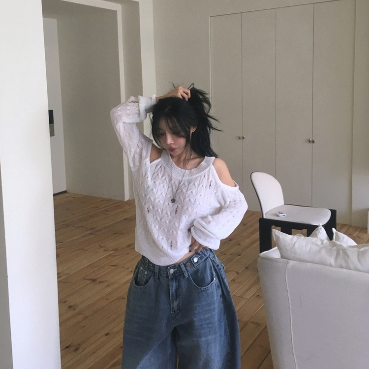 ケーブル編みオフショルダー長袖ニット(5color) IVORY