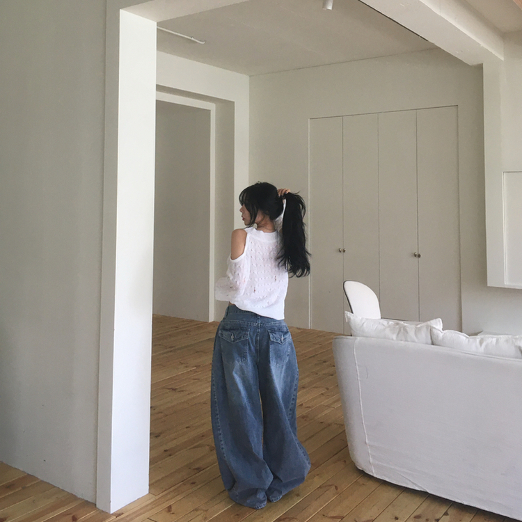 ケーブル編みオフショルダー長袖ニット(5color) IVORY