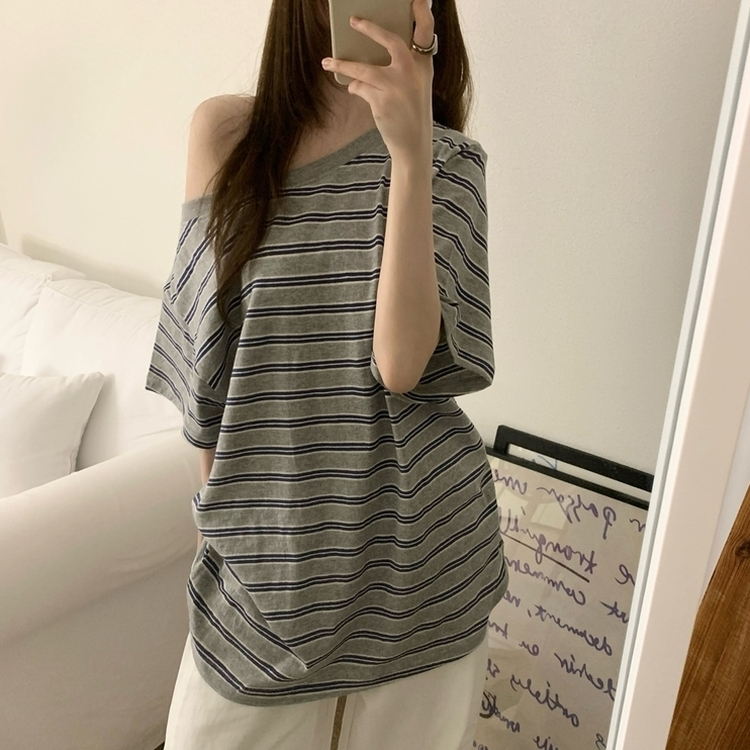 ボーダーワンショルダー半袖Tシャツ MELANGE