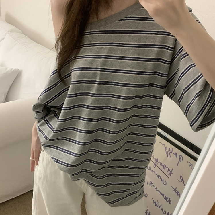 ボーダーワンショルダー半袖Tシャツ MELANGE