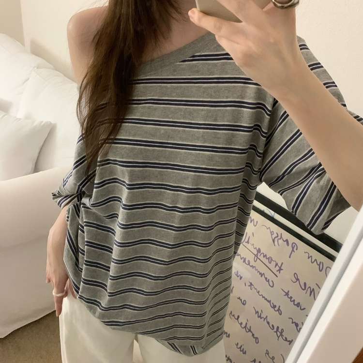 ボーダーワンショルダー半袖Tシャツ MELANGE