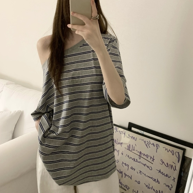 ボーダーワンショルダー半袖Tシャツ MELANGE