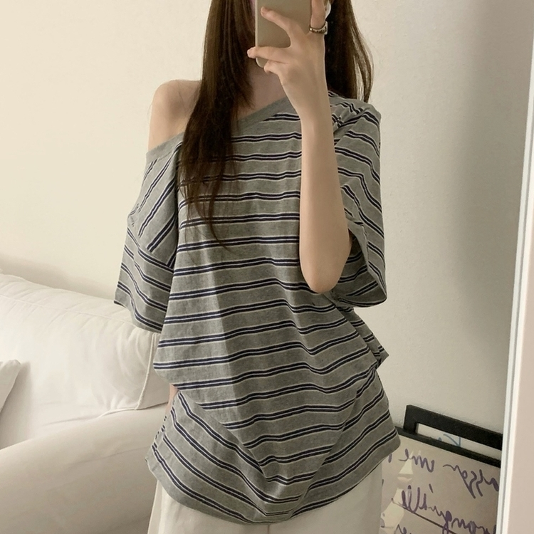 ボーダーワンショルダー半袖Tシャツ MELANGE