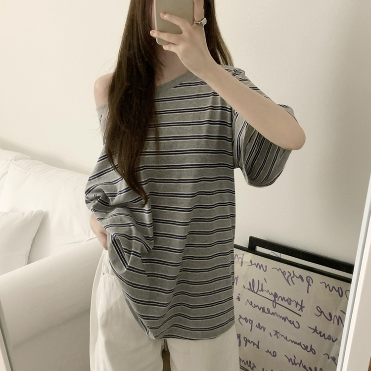 ボーダーワンショルダー半袖Tシャツ MELANGE