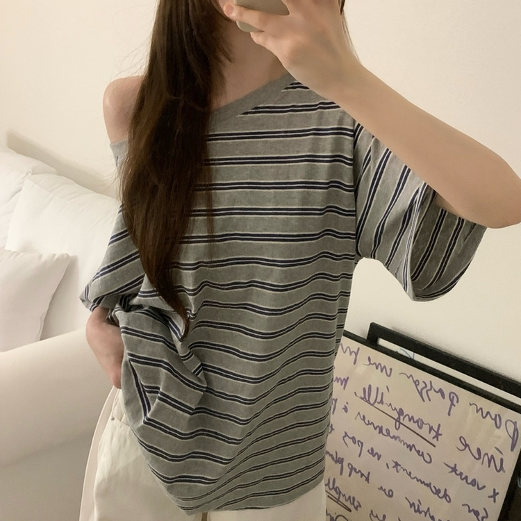 ボーダーワンショルダー半袖Tシャツ MELANGE