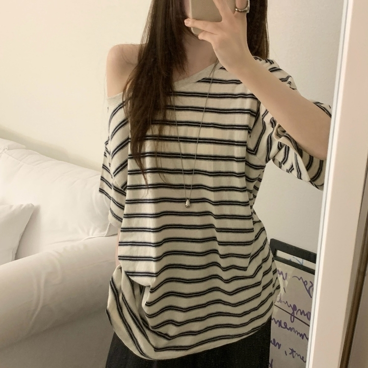 ボーダーワンショルダー半袖Tシャツ IVORY