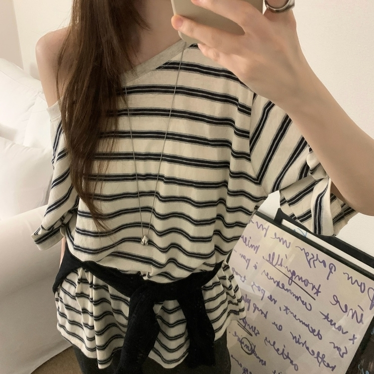 ボーダーワンショルダー半袖Tシャツ IVORY