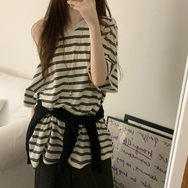 ボーダーワンショルダー半袖Tシャツ IVORY