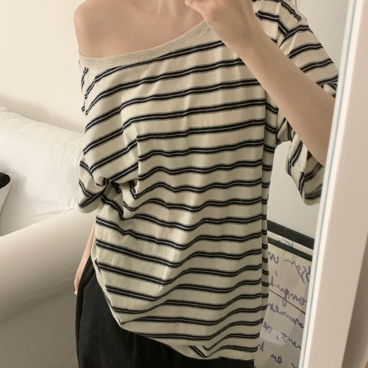 ボーダーワンショルダー半袖Tシャツ IVORY