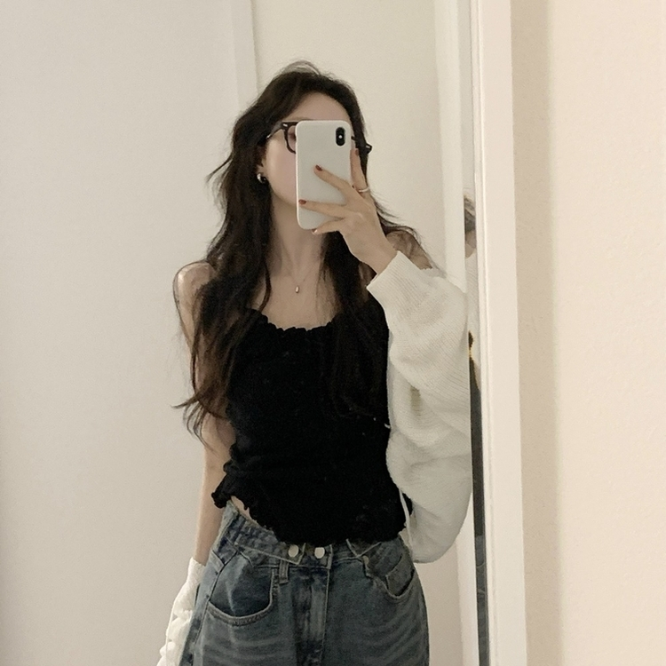 フリルレースシャーリングキャミソール BLACK