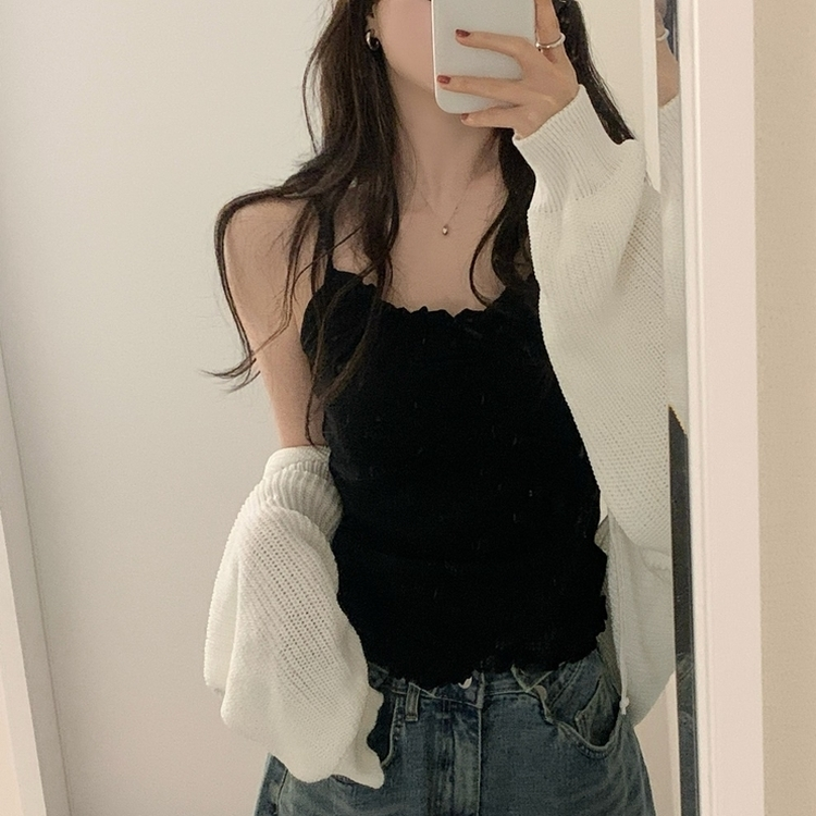 フリルレースシャーリングキャミソール BLACK