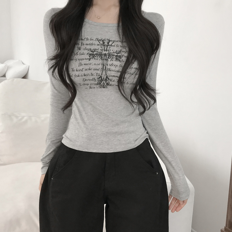 レタリングUネック長袖Tシャツ MELANGE