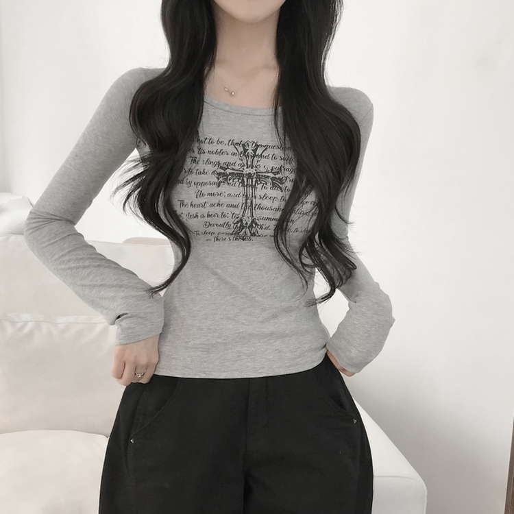 レタリングUネック長袖Tシャツ MELANGE