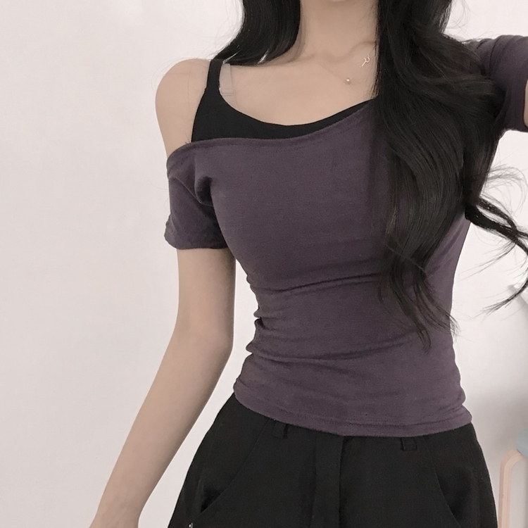 オフショルキャミソールレイヤード半袖Tシャツ PURPLE