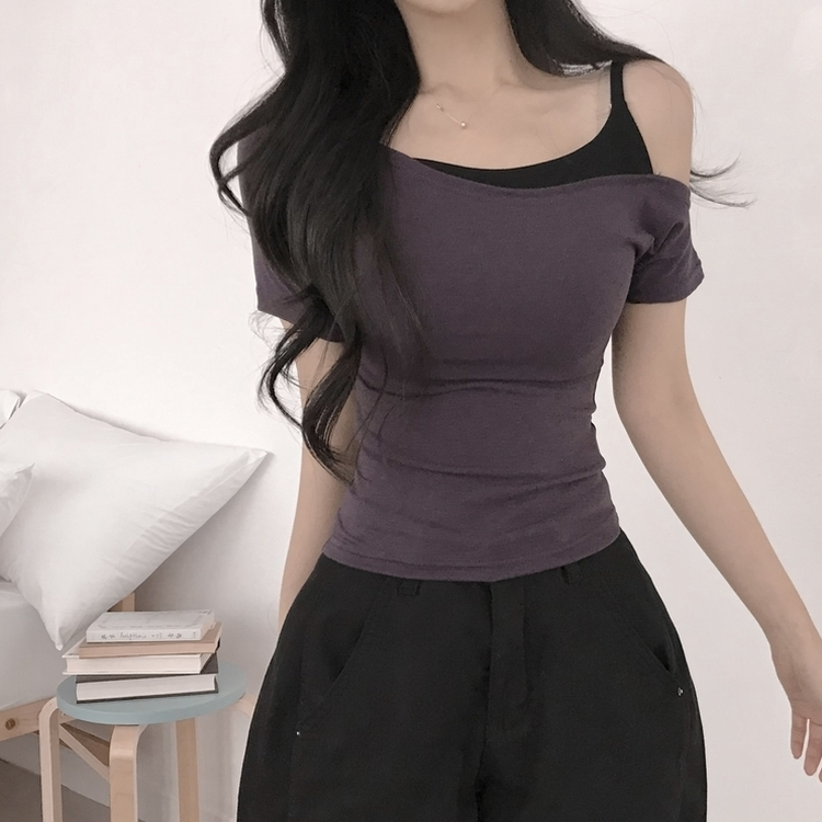 オフショルキャミソールレイヤード半袖Tシャツ PURPLE