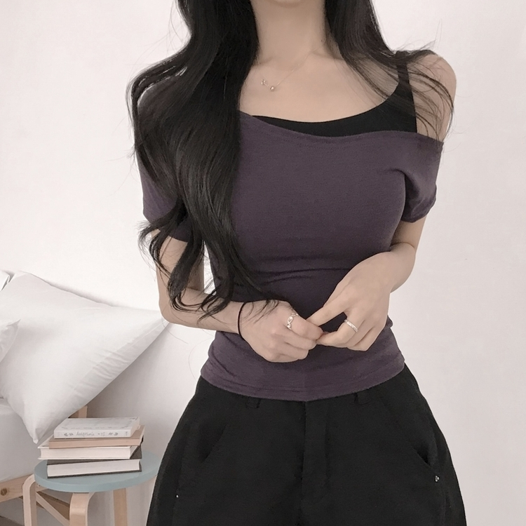 オフショルキャミソールレイヤード半袖Tシャツ PURPLE