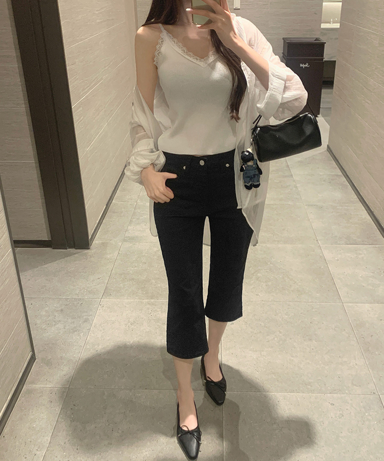 허벅지 보정 밑단 옆트임 8부 카프리 스판 면팬츠 블랙