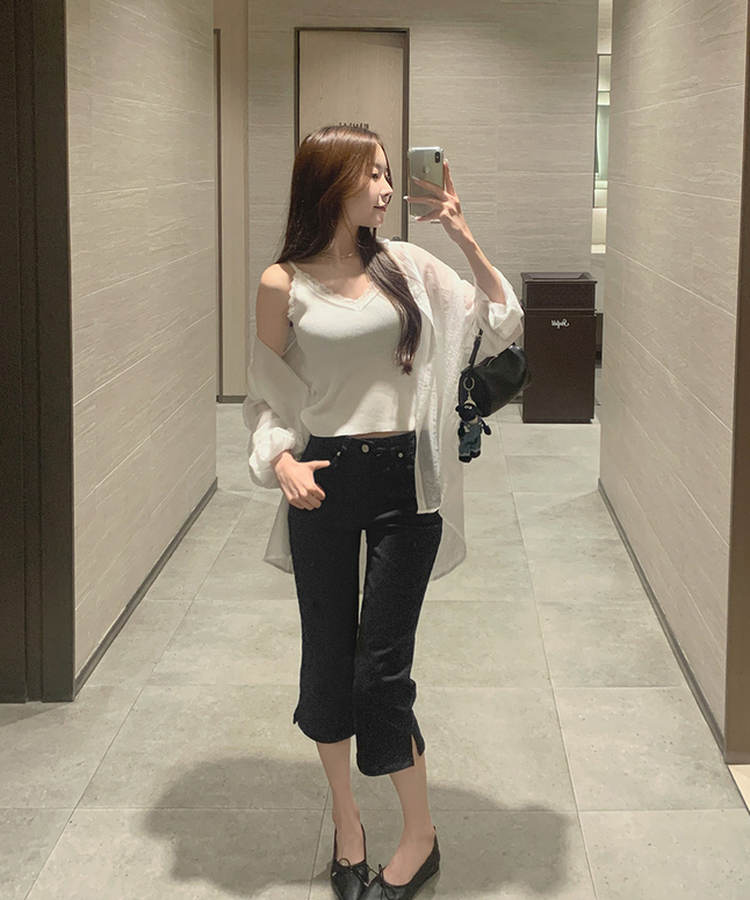 허벅지 보정 밑단 옆트임 8부 카프리 스판 면팬츠 블랙