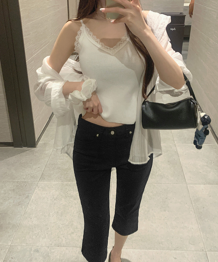 허벅지 보정 밑단 옆트임 8부 카프리 스판 면팬츠 블랙