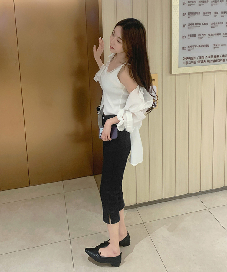 허벅지 보정 밑단 옆트임 8부 카프리 스판 면팬츠 블랙