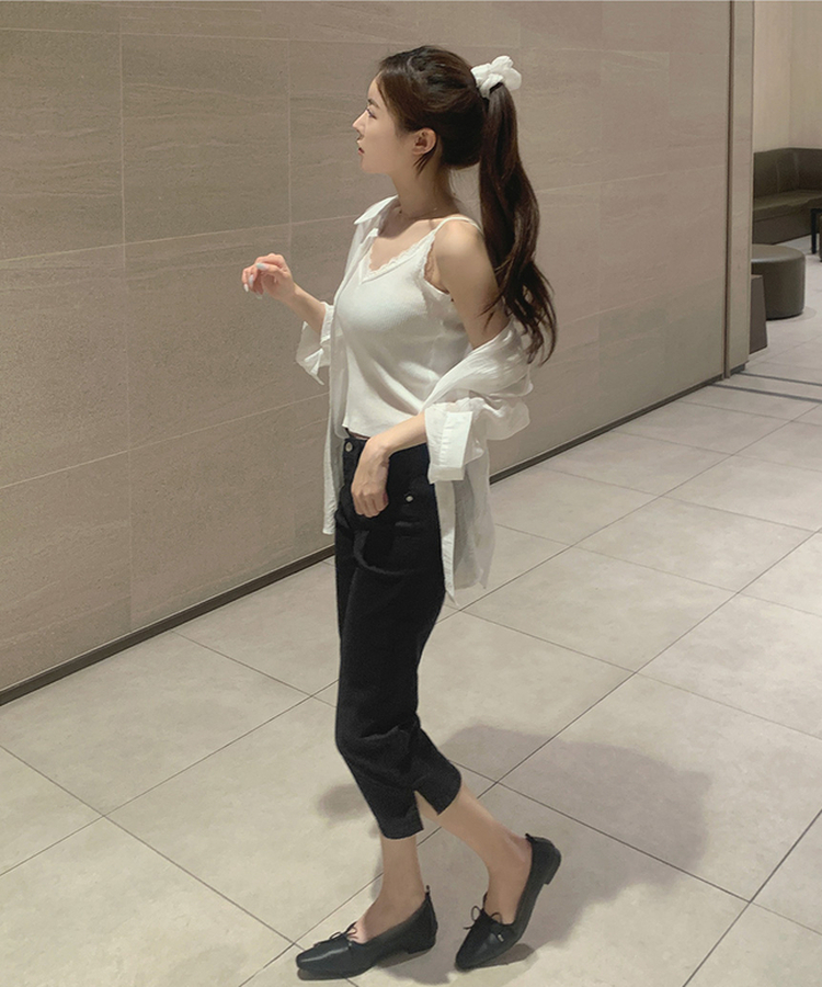 허벅지 보정 밑단 옆트임 8부 카프리 스판 면팬츠 블랙
