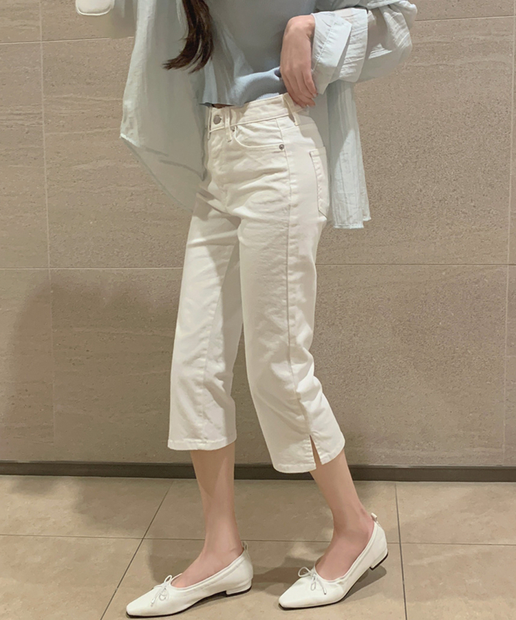허벅지 보정 밑단 옆트임 8부 카프리 스판 면팬츠 화이트