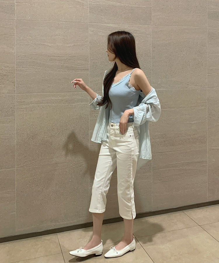 허벅지 보정 밑단 옆트임 8부 카프리 스판 면팬츠 화이트