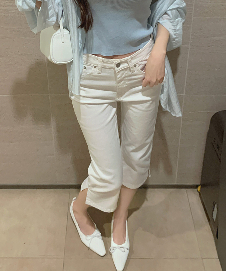 허벅지 보정 밑단 옆트임 8부 카프리 스판 면팬츠 화이트