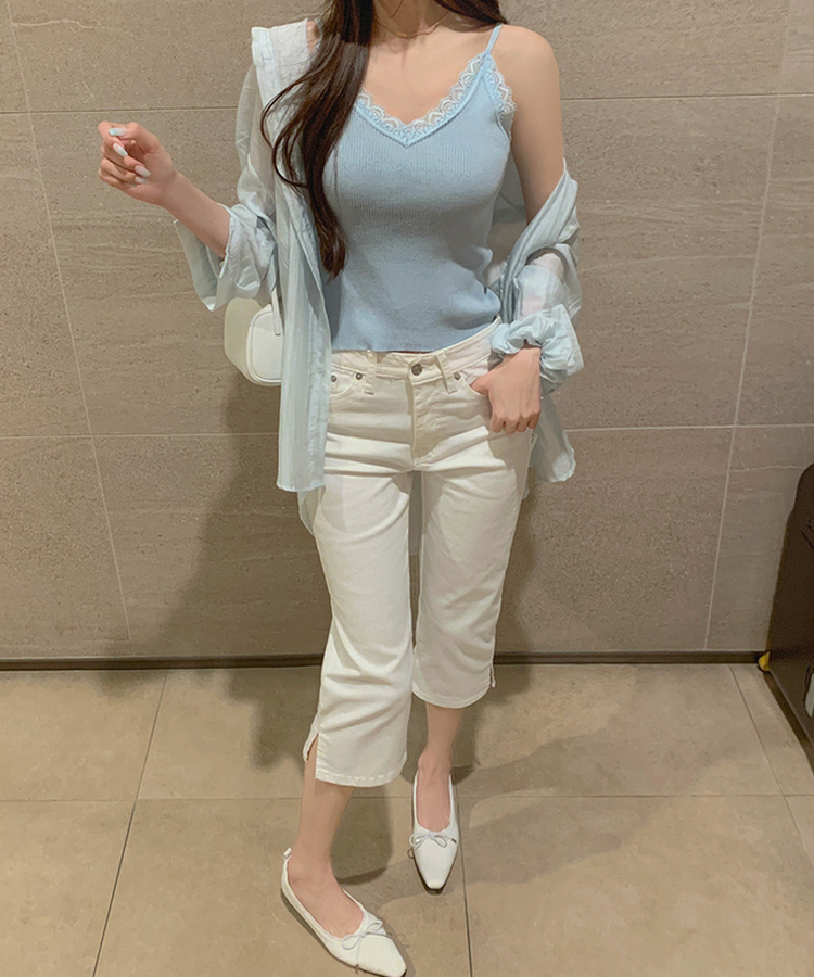 허벅지 보정 밑단 옆트임 8부 카프리 스판 면팬츠 화이트