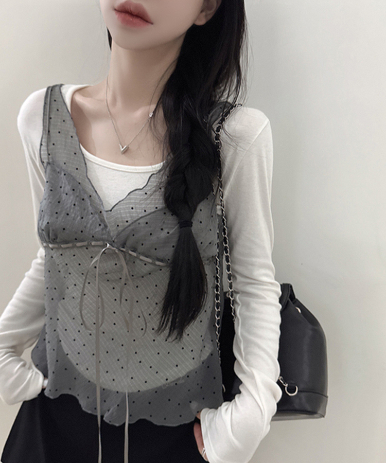 ドットシースルーリボンノースリーブトップ LIGHT GRAY