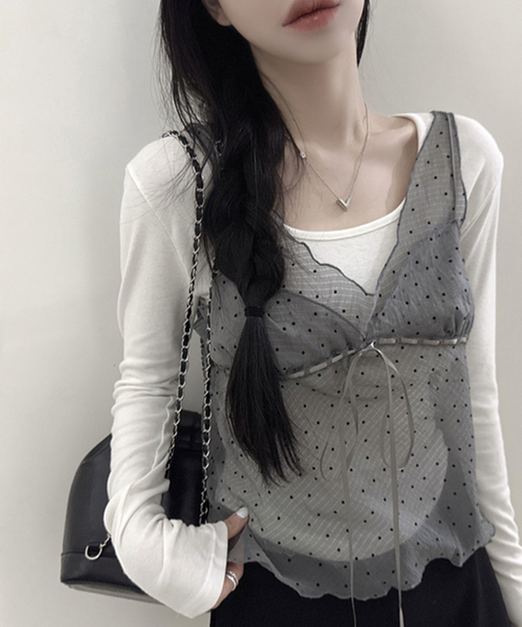 ドットシースルーリボンノースリーブトップ LIGHT GRAY