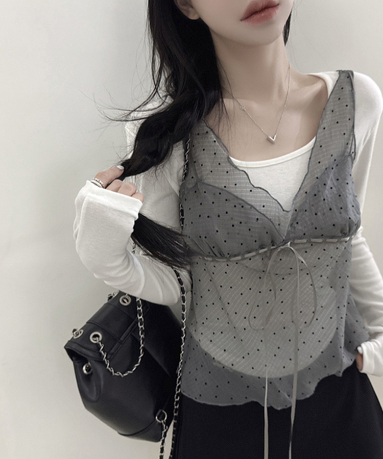 ドットシースルーリボンノースリーブトップ LIGHT GRAY