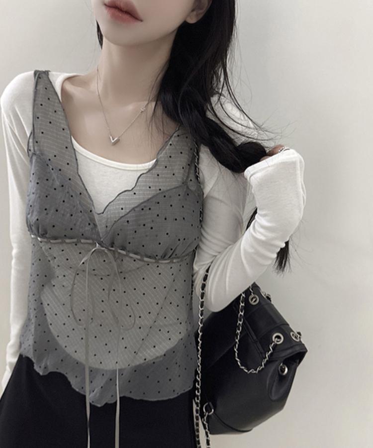 ドットシースルーリボンノースリーブトップ LIGHT GRAY