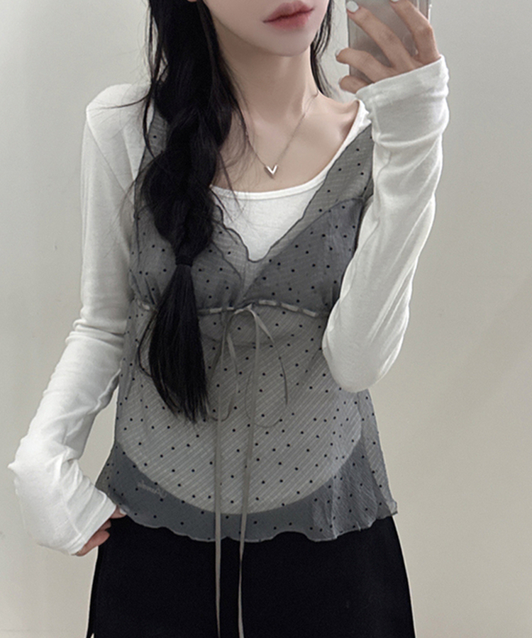 ドットシースルーリボンノースリーブトップ LIGHT GRAY