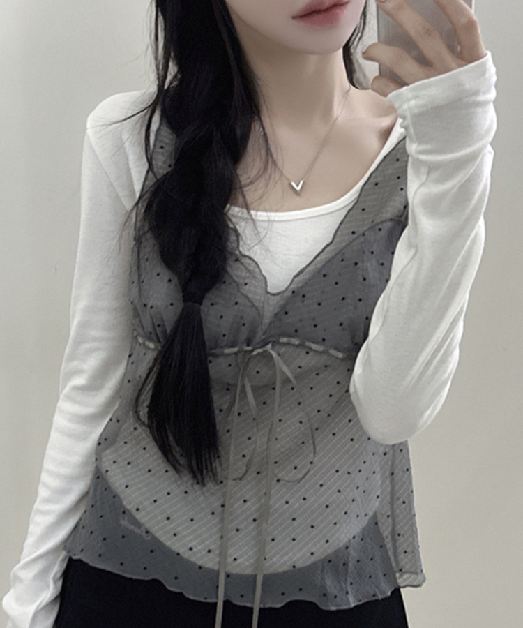 ドットシースルーリボンノースリーブトップ LIGHT GRAY
