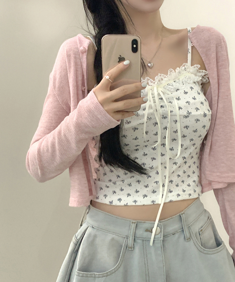 【SET】レースフラワーリボンキャミソール＋カーディガン(5color) PINK