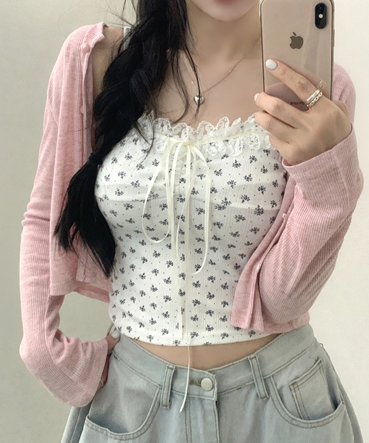 【SET】レースフラワーリボンキャミソール＋カーディガン(5color) PINK