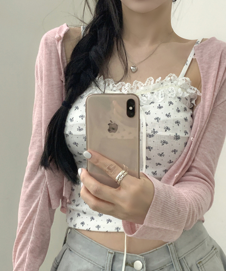 【SET】レースフラワーリボンキャミソール＋カーディガン(5color) PINK