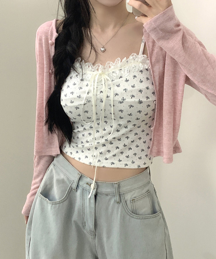 【SET】レースフラワーリボンキャミソール＋カーディガン(5color) PINK
