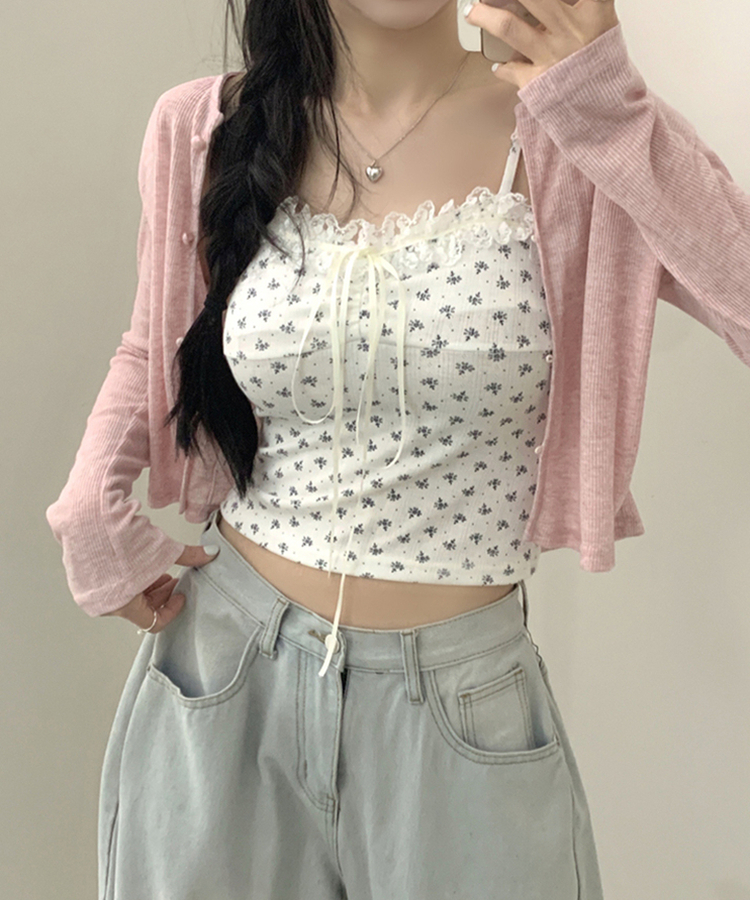【SET】レースフラワーリボンキャミソール＋カーディガン(5color) PINK