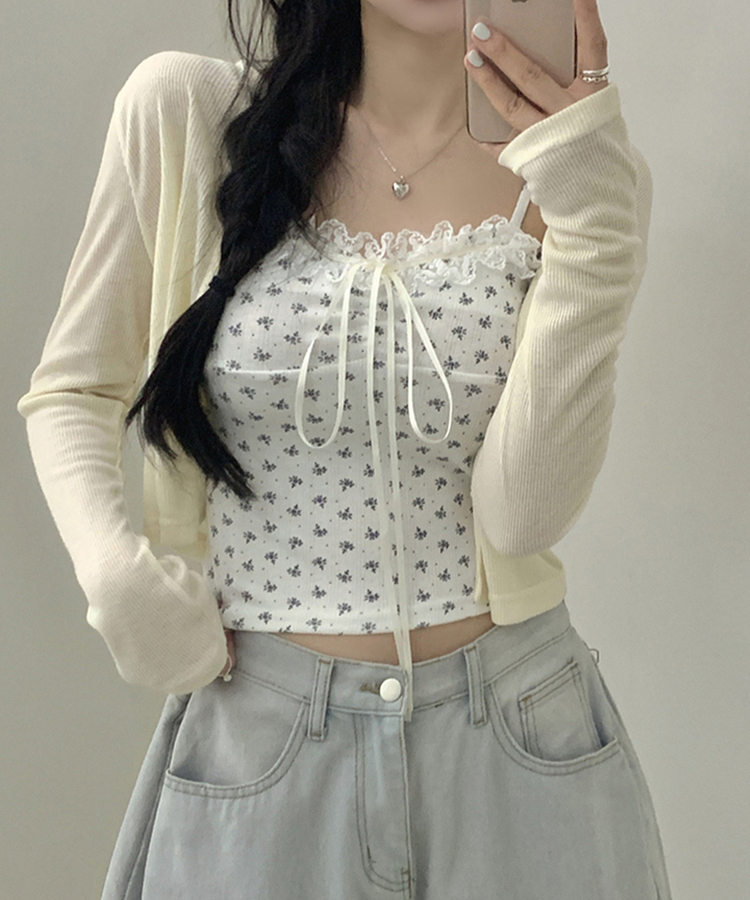 【SET】レースフラワーリボンキャミソール＋カーディガン(5color) BEIGE