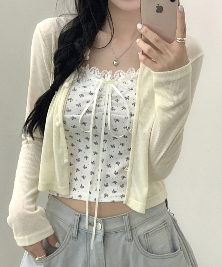 【SET】レースフラワーリボンキャミソール＋カーディガン(5color) BEIGE