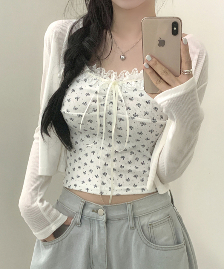 【SET】レースフラワーリボンキャミソール＋カーディガン(5color) WHITE