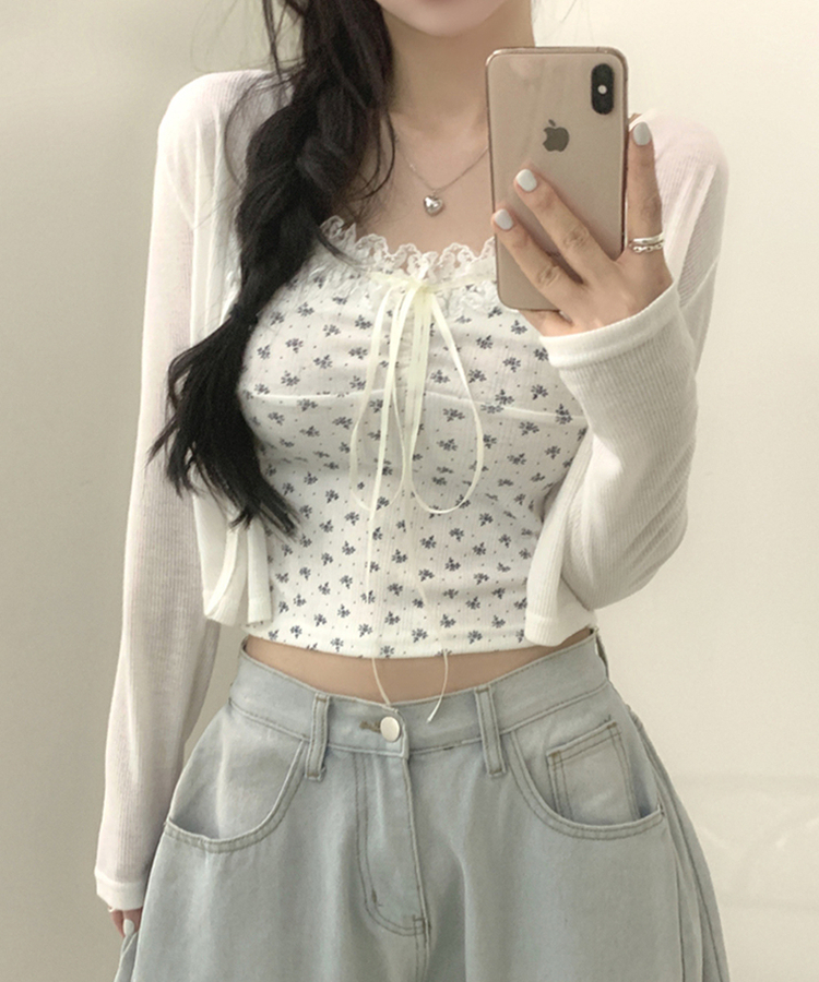 【SET】レースフラワーリボンキャミソール＋カーディガン(5color) WHITE